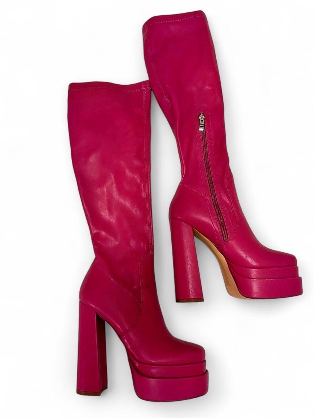 Vivianly Hot Pink Platform Knee-High Heeled Boots